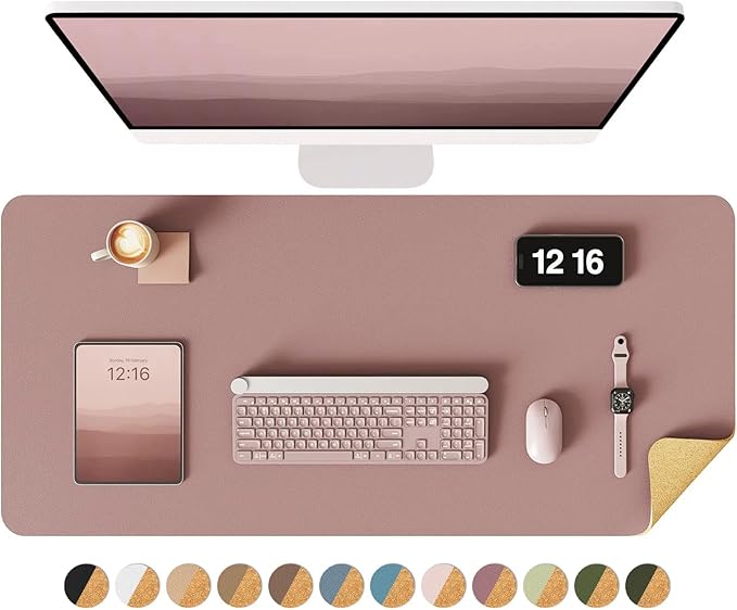 YSAGi Double - Sided Desk Pad, 35.4"x17" Leather Desk Mat, Eco Cork Desk Pad Protector,Large Mouse Pad,Waterproof Desk Blotter for Office/Home (Pale Mauve/Cork) | Desk Pads Blotters - TrueDesk