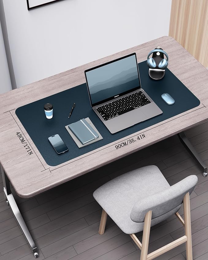 YSAGi Double - Sided Desk Pad, 35.4"x17"Leather Desk Mat, Eco Cork Desk Pad Protector,Large Mouse Pad,Waterproof Desk Blotter for Office/Home(Dark Blue) | Desk Pads Blotters - TrueDesk