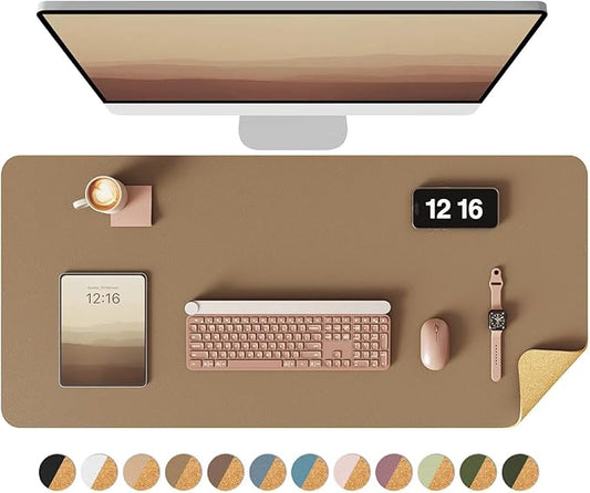 YSAGi Double - Sided Desk Pad, 35.4"x17"Leather Desk Mat, Eco Cork Desk Pad Protector,Large Mouse Pad,Waterproof Desk Blotter for Office/Home(Khaki) | Desk Pads Blotters - TrueDesk