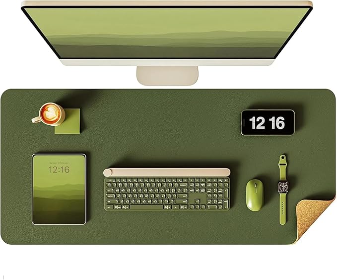 YSAGi Double - Sided Desk Pad, 35.4"x17"Leather Desk Mat, Eco Cork Desk Pad Protector,Large Mouse Pad,Waterproof Desk Blotter for Office/Home(Olive Green) | Desk Pads Blotters - TrueDesk