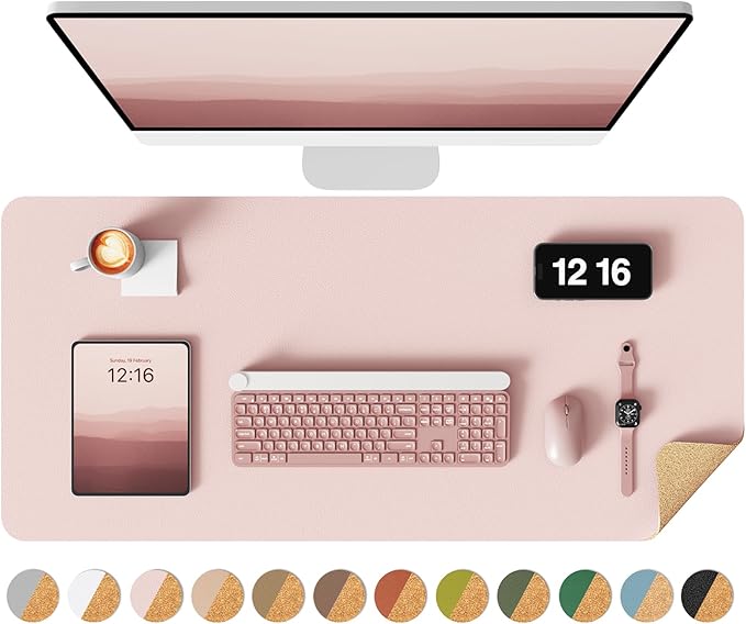 YSAGi Double - Sided Desk Pad, 35.4"x17"Leather Desk Mat, Eco Cork Desk Pad Protector,Large Mouse Pad,Waterproof Desk Blotter for Office/Home(Pink) | Desk Pads Blotters - TrueDesk