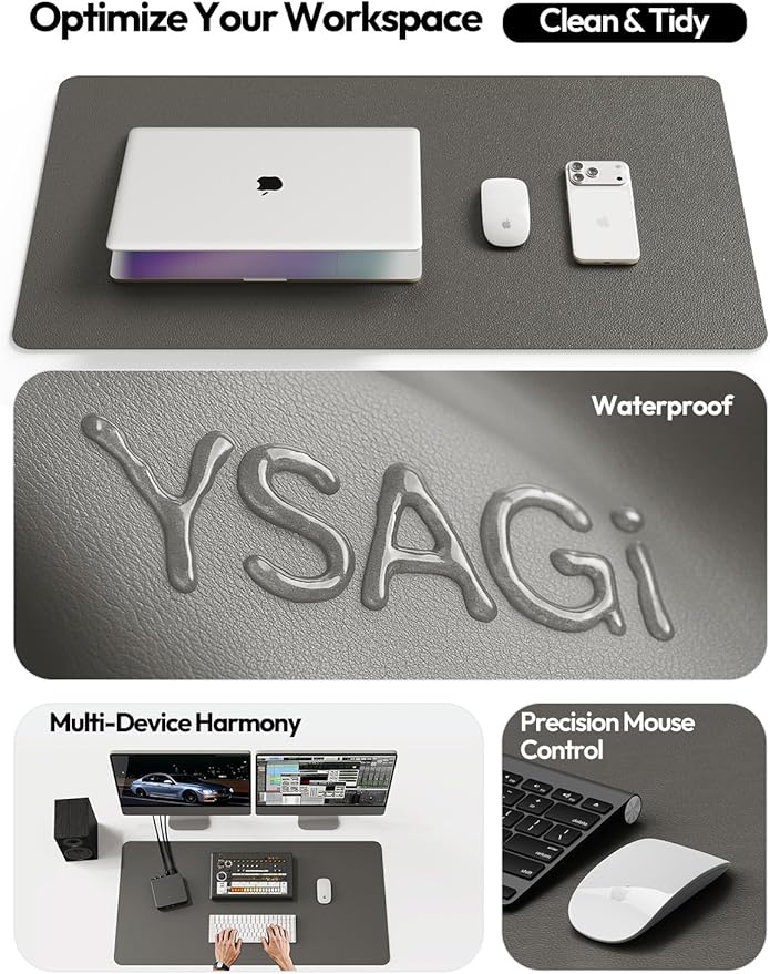 YSAGi Leather Desk Pad Protector, Office Desk Mat, Large Mouse Pad, Non - Slip PU Leather Desk Blotter, Laptop Desk Pad, Waterproof Desk Writing Pad for Office and Home (Dark Grey, 47" x 17") | Desk Pads Blotters - TrueDesk