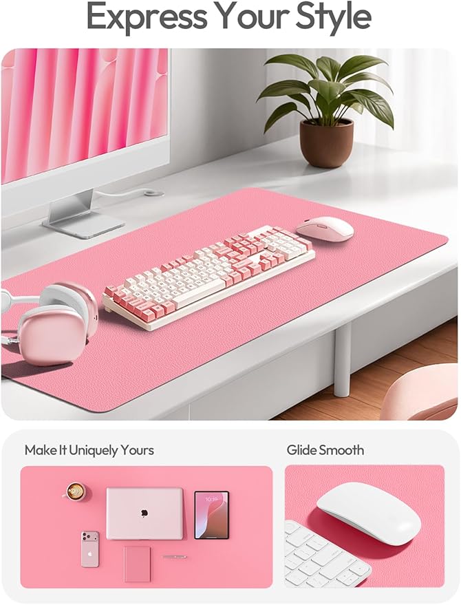 YSAGi Leather Desk Pad Protector, Office Desk Mat, Large Mouse Pad, Non - Slip PU Leather Desk Blotter, Laptop Desk Pad, Waterproof Desk Writing Pad for Office and Home (Pink, 55" x 24") | Desk Pads Blotters - TrueDesk