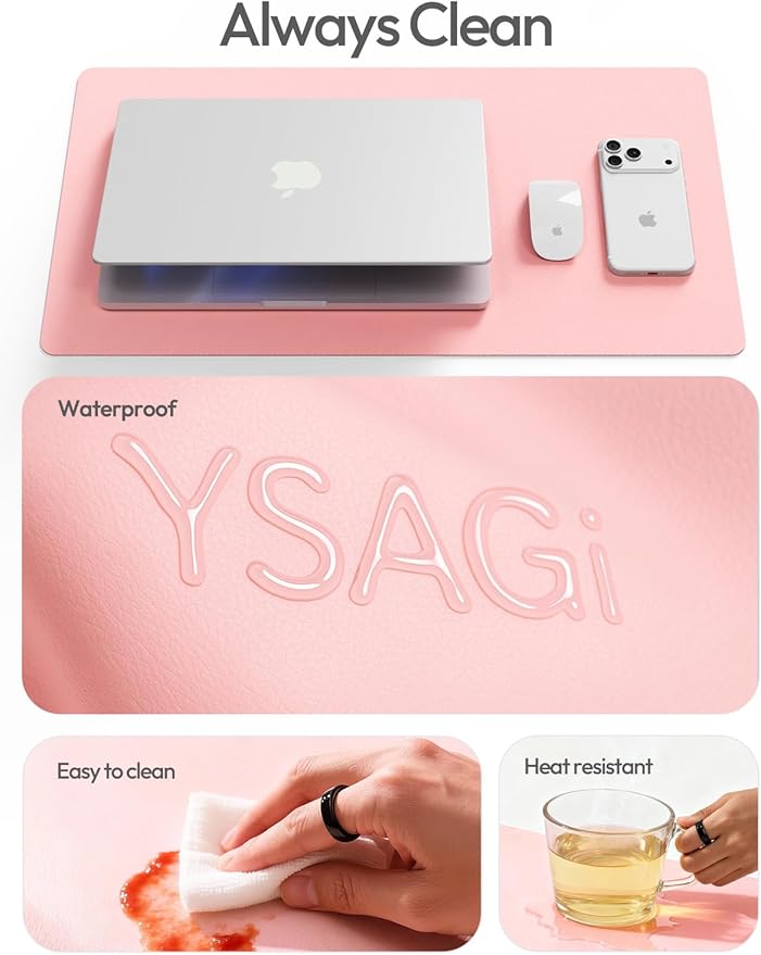YSAGi Leather Desk Pad Protector, Office Desk Mat, Large Mouse Pad, Non - Slip PU Leather Desk Blotter, Laptop Desk Pad, Waterproof Desk Writing Pad for Office and Home (Light Pink, 55" x 24") | Desk Pads Blotters - TrueDesk