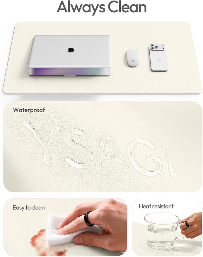 YSAGi Leather Desk Protector, Office Mat, Large Mouse Mat, Non - Slip PU Leather Blotter, Laptop Pad, Waterproof Writing Pad for Office and Home (Cream, 47" x 17") | Desk Pads Blotters - TrueDesk